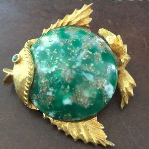 Vintage green gold Jelly belly foil fish brooch